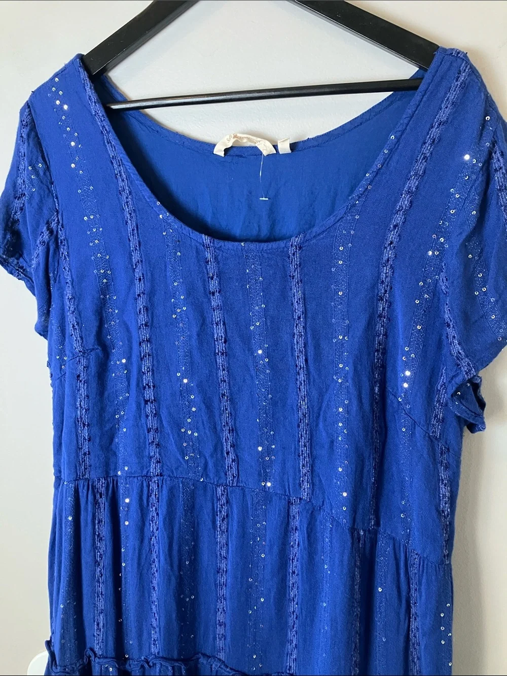 Soft Surroundings Blue Sequin Pull On Tiered Dress Women's Size 1X Boho Chic